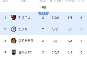 世俱杯D組積分榜：弗拉門戈提前出線，切爾西與突尼斯?fàn)幊鼍€名額