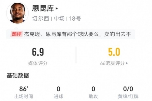 賣得出去嗎？恩昆庫本場3射1正1失良機 10對抗5成功+1關(guān)鍵傳球