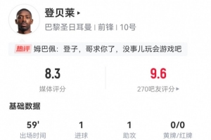登貝萊本場數(shù)據(jù)：1球1助攻+1造良機3關(guān)鍵傳球3越位 獲評8.3分